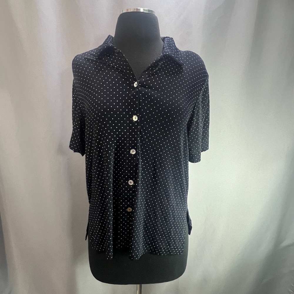 Ronni Nicole By Ouida Shirt Womens 10 Navy White Polka Dot Side Slit Button Up
